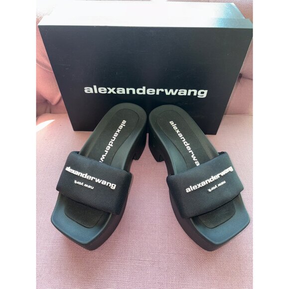 Alexander Wang AW Platform Slides in Black 37 New with Box Womens Logo Heels - Picture 7 of 16
